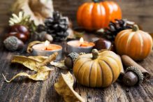 Fall Decoration.Pumpkins,Orange Candles,Cinnamon,Chestnuts and iStock.com/Catalina-Gabrie Molnar