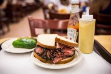 Pastrami on rye sandwich is displayed in Katz's Deli in New York City. (Photo by Andrew Burton/Getty Images)