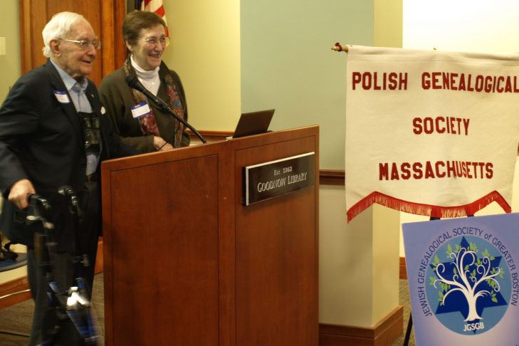 Fay and Julian Bussgang were the speakers at the first joint meeting of the Jewish Genealogical Society of Greater Boston and the Polish Genealogical Society of Massachusetts on May 1, 2016. (Courtesy photo)