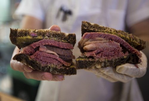 A close up of the "No. 2" at Mamaleh's Delicatessen—hot corned beef on rye with mustard. (Jesse Costa/WBUR)
