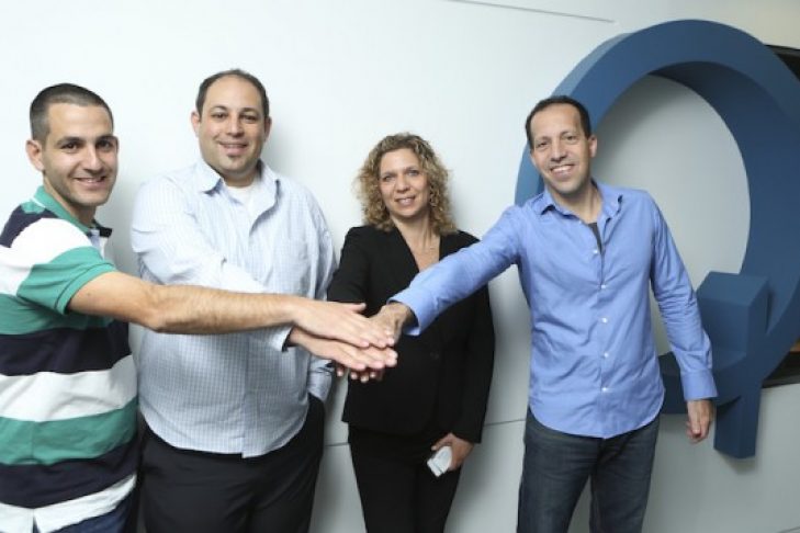 Rotem and Omri Shor (MediSafe) and Merav and Mony Hassid (Qualcomm Ventures) pose after MediSafe was awarded Qualcomm Ventures' QPrize for start-up excellence