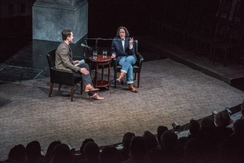 Fran Lebowitz and Jared Bowen at the New Repertory Theatre (Courtesy New Repertory Theatre)