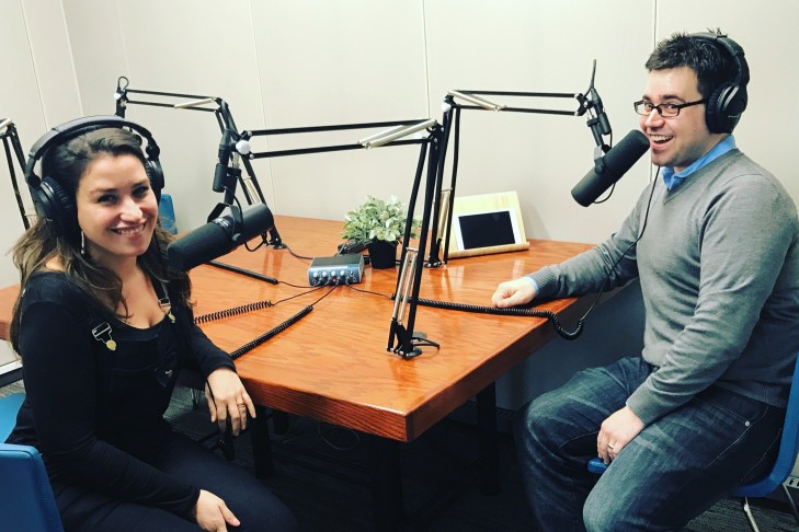 Jesse Ulrich, right, and Ariana Cohen-Halberstam recording the JewishBoston.com podcast. (Photo credit: Laura Mandel)