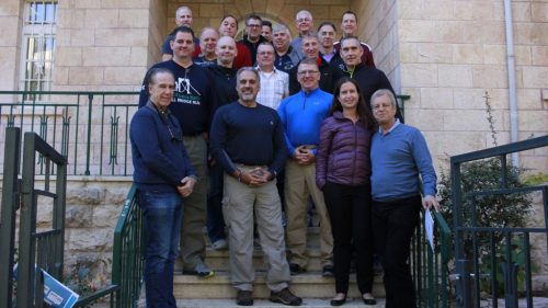 mg_0920 Massachusetts law enforcement officials and members of the Anti-Defamation League on the steps of the ADL’s Jerusalem headquarters on December 8, 2016. (Judah Ari Gross/Times of Israel)