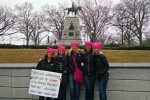 Leah Sugarman, second from left, with friends on the way to the Women’s March on Washington wearing pink hats her brother knit. (Courtesy Leah Sugarman)