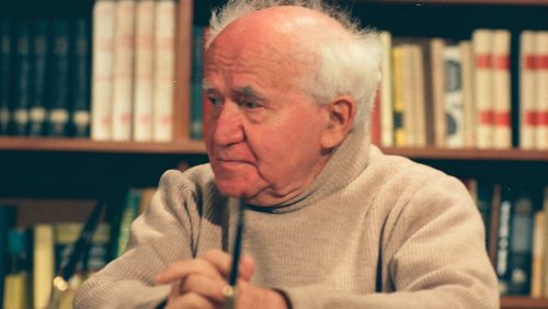 Israeli Prime Minister David Ben-Gurion on the set of the 1968 interview from Yariv Mozer’s BEN-GURION: EPILOGUE. Photo by David Marks.