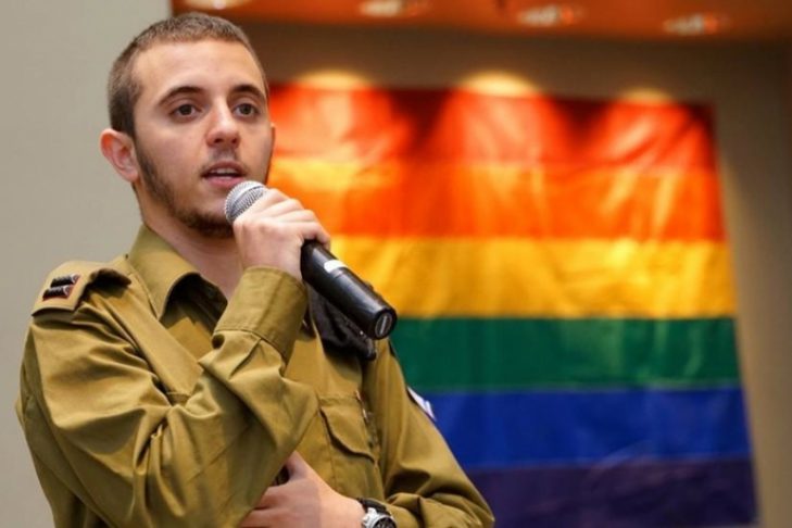 Lt. Shachar Erez, the first openly transgender officer in the Israel Defense Forces, speaking at a Los Angeles synagogue in June 2016. (Courtesy Israel Ministry of Foreign Affairs)