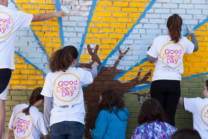 Here comes the sun! Teens paint a 10x10-foot mural at a local homeless shelter. (Courtesy Jewish Teen Initiative)