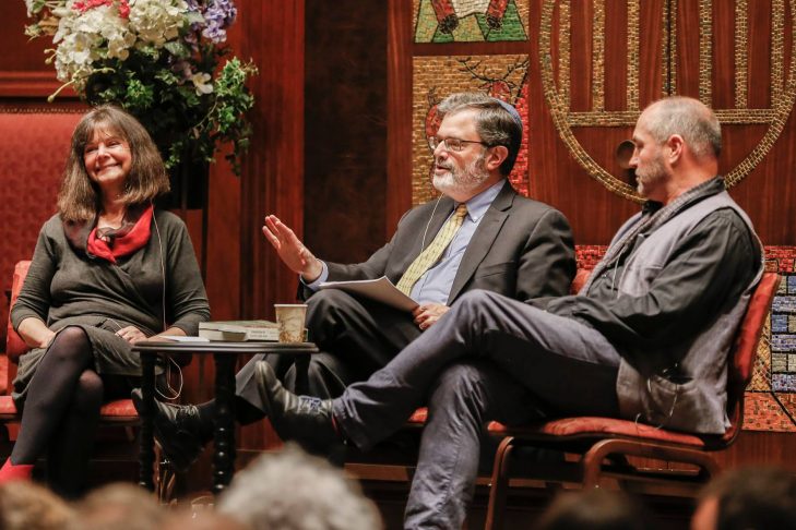 Geraldine Brooks, Rabbi Eric Gurvis and Colum McCann, from left, discuss the book “Kingdom of Olives and Ash: Writers Confront the Occupation” (Courtesy New Israel Fund)