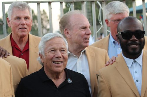 Robert Kraft, in black shirt, with Hall of Famers Marshall Faulk, right, and, in rear, from left, Ron Yary, Roger Staubach and Dave Casper in Ramat Hasharon, Israel, June 15, 2017. (Hillel Kuttler)