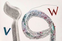 The Arabic letter “Waaw” and Hebrew “Vav,” with V and W (mixed media on paper by Joel Moskowitz)