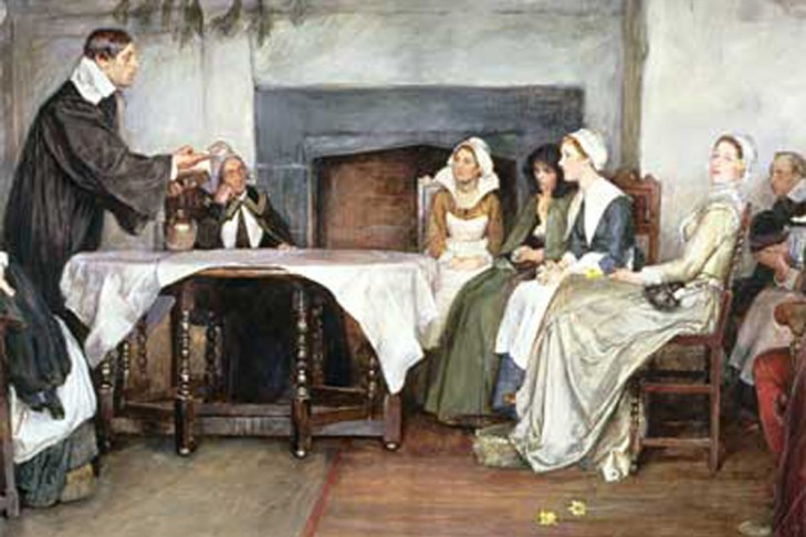 19th-century painting of a Quaker prayer meeting