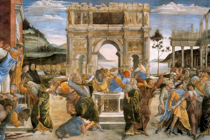 “The Punishment of Korah and the Stoning of Moses and Aaron” by Sandro Botticelli