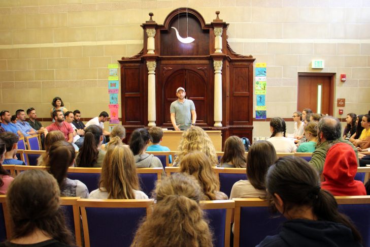 Ohad Poraz, one of the Brothers for Life, speaking with students at The Rashi School (Courtesy The Rashi School)