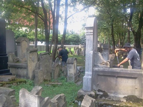 Polish and Israeli volunteers work to restore the Tarnow Jewish Cemetery's pathways, crumbling walls and memorials (Courtesy photo)