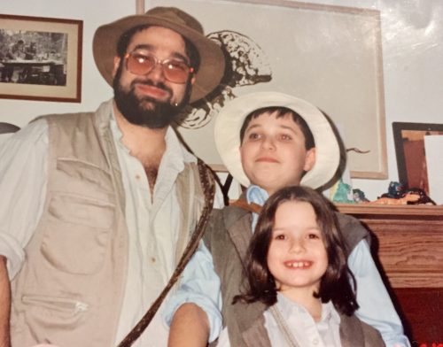 Podcast cohost Miriam Anzovin and her father and brother all dressed as Indiana Jones for Purim circa 1993 (Courtesy Miriam Anzovin)