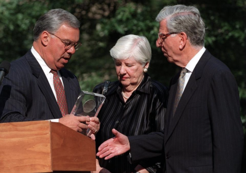 Mrs. Leventhal (center) looked on in 1997 as Mayor Thomas M. Menino honored her husband, Norman. (GLOBE STAFF/FILE)