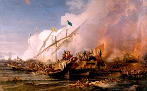 “Barbarossa Hayreddin Pasha defeats the Holy League of Charles V under the command of Andrea Doria at the Battle of Preveza in 1538” by Ohannes Umed Behzad (1866)