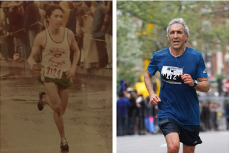 Marty running his first marathon, left, and a race last year that enabled him to qualify for the Boston Marathon (Courtesy photo)