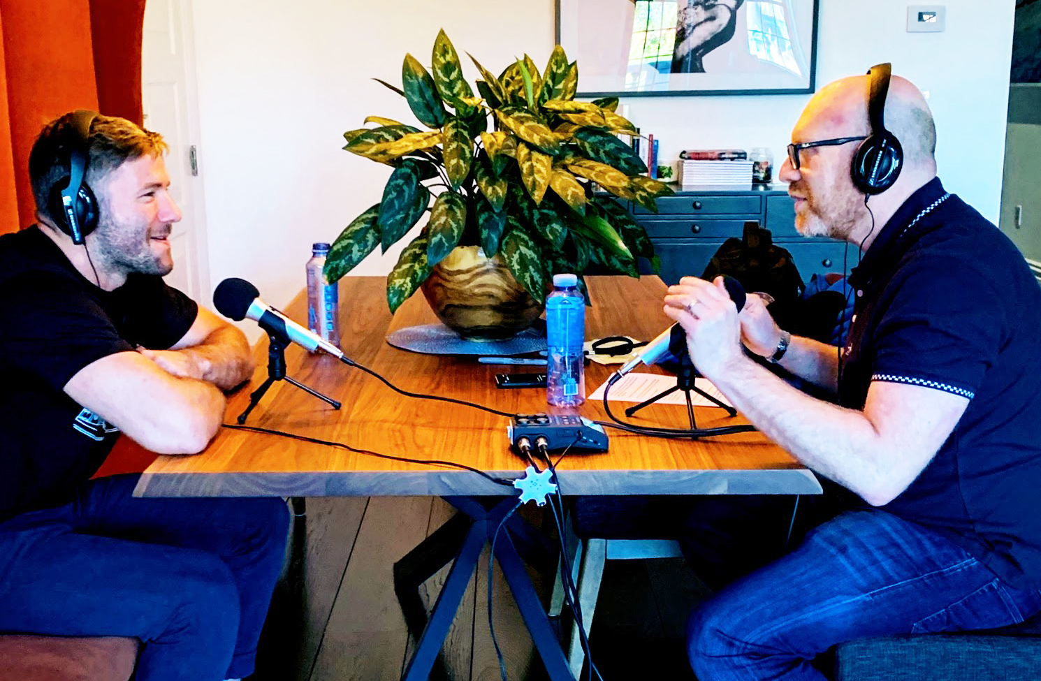 Julian Edelman, left, and Dan Seligson record The Vibe of the Tribe podcast on May 8, 2019 (Photo: Sam Biggers)