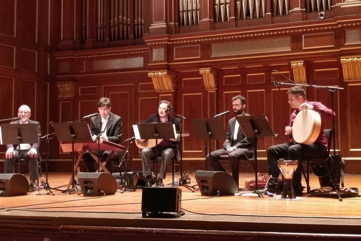 Dunya Ensemble performs “Jews and Sufis: Shared Musical Traditions” at the New England Conservatory on Thursday, Sept. 12. From left: Edwin Seroussi, director of the Jewish Music Research Centre; ethnomusicologist Joseph Alpar; Mehmet Ali Sanlikol, director of Dunya Ensemble; Ridvan Aydinli, an Istanbul-based ney (flute) player; and George Lernis, a drummer and world percussionist. (Photo: Rich Tenorio)