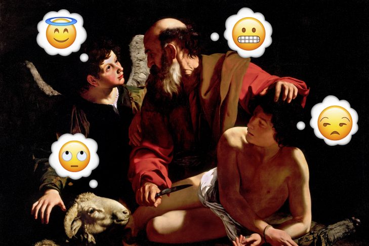 “WTF, Said Isaac” by Miriam Anzovin (Derivative of “Sacrifice of Isaac” by Caravaggio/Wikimedia Commons)