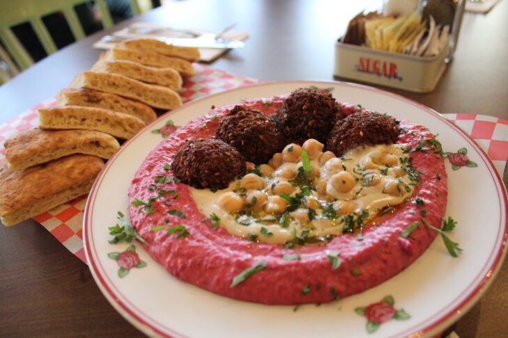 Beet hummus with sweet potato falafel at Cafe Landwer (Courtesy photo)