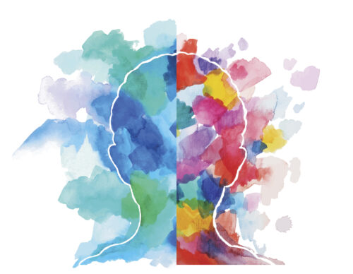 Abstract vector watercolor drawing of a child head showing logical and creative thinking.