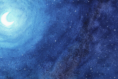 Moon among stars at night in blue watercolor background.