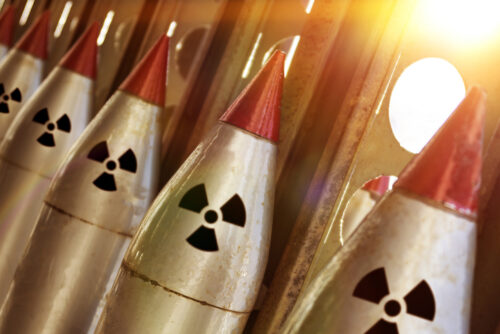 The nuclear warheads of a ballistic missile are aimed upwards for a nuclear strike. army weapons.  the threat of a weapon.