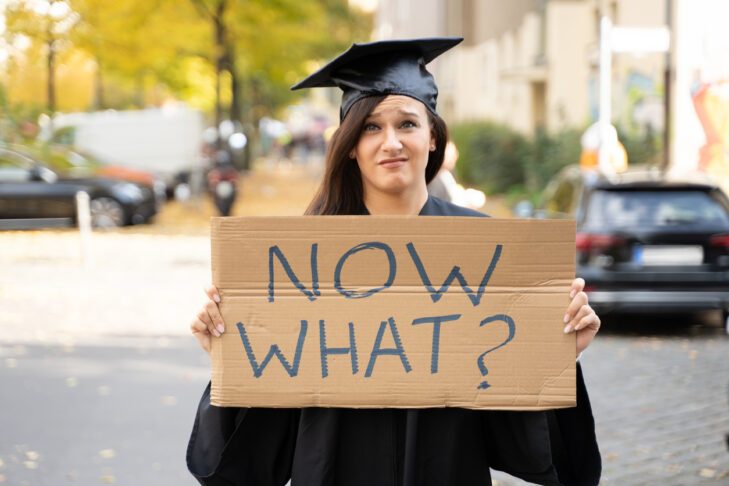 Sad Graduate Student Standing With Now What Placard On Street