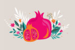 Rosh Hashanah pomegranate drawing card Rosh Hashana, Jewish holiday, New Year greeting card with pomegranate, apple and flowers. Vector illustration