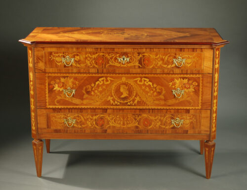 Italian NeoClassical style chest of drawers/dresser with wood inlay and brass pulls.