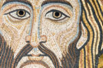Mosaic representing Christ's Face, in byzantine style. Golden background. It is modern, made by a Sicilian artist, and looks like the Blessing Christ of the Monreale Cathedral or Cefalu' one. The background is made of golden leaf. This image is characteristic for its uniqueness.