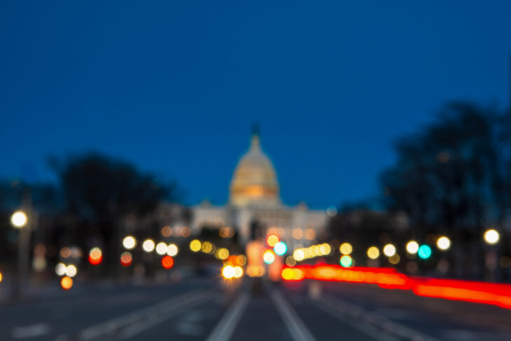 The United States Capitol with Blurred Background after sunset