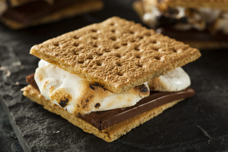 Close up image of S'mores dessert with roasted marshmallows and a chocolate bar sandwiched between two square graham crackers.  The dessert is displayed on a dark gray background, with two more S'mores in the background.  The background is slightly out of focus.