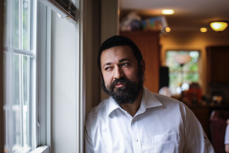 Rabbi Shlomo Noginski at his Brighton home on Sunday, three days after he was stabbed outside the Shaloh House, a Jewish day school.ERIN CLARK:GLOBE STAFF