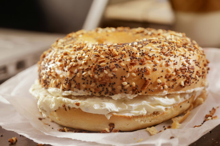 Toasted Bagel with Cream Cheese at your Desk - Photographed on a Hasselblad H3D11-39 megapixel Camera System