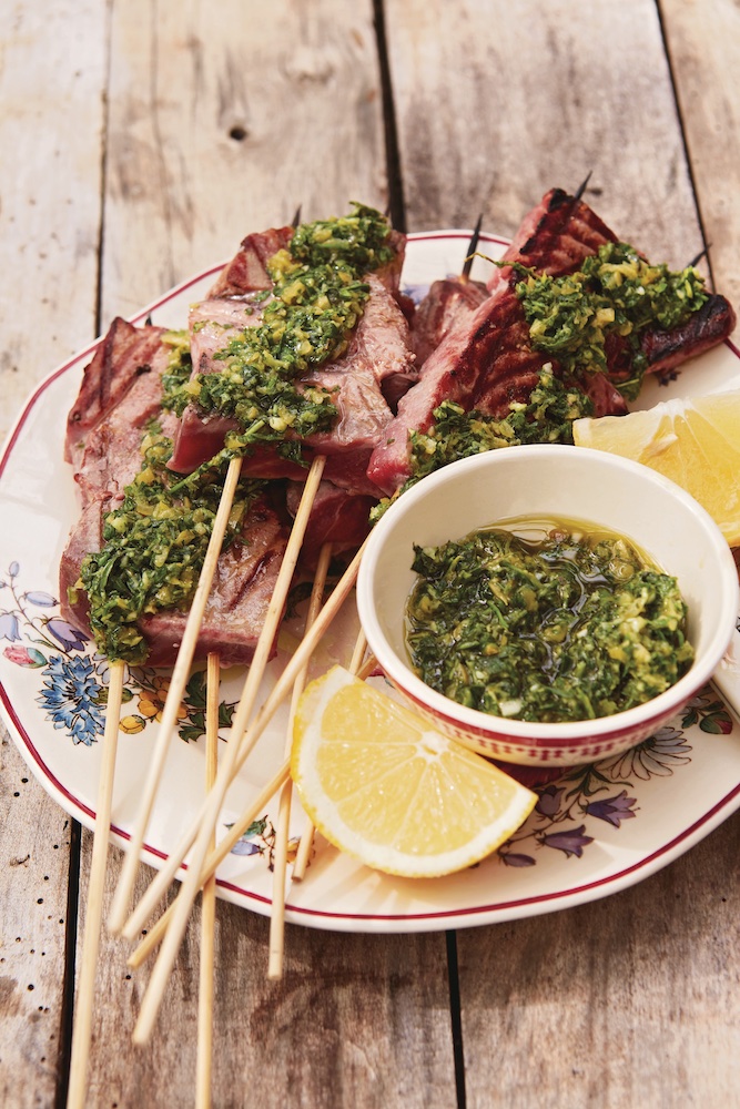 Tuna shish with chermoula and preserved lemons from “Chasing Smoke: Cooking Over Fire Around the Levant” by Sarit Packer and Itamar Srulovich (Photo: Patricia Niven)