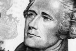 Portrait of Alexander Hamilton on the Ten dollars bill. Black and white. Close up.