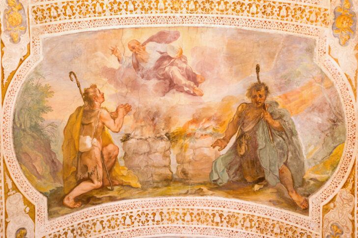 Rome, Italy - March 11, 2016: Rome - Sacrifices of Cain and Abel by V. Salimbeni (1568 - 1613) and B. Croce (1558 - 1628). Fresco from stairs in church Chiesa di San Lorenzo in Palatio ad Sancta Sanctorum.
