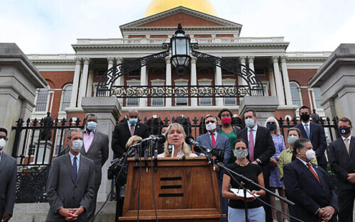 BOSTON, MA - JULY 6: Senate President Karen E. Spilka speaks on the steps of the Massachusetts State House in Boston on July 6, 2020. The Massachusetts State Senate unveiled a racial equity bill, called An Act to Reform Police Standards and Shift Resources to Build a More Equitiable, Fair and Just Commonwealth that Values Black Lives and Communities of Color. (Photo by Suzanne Kreiter/The Boston Globe via Getty Images)