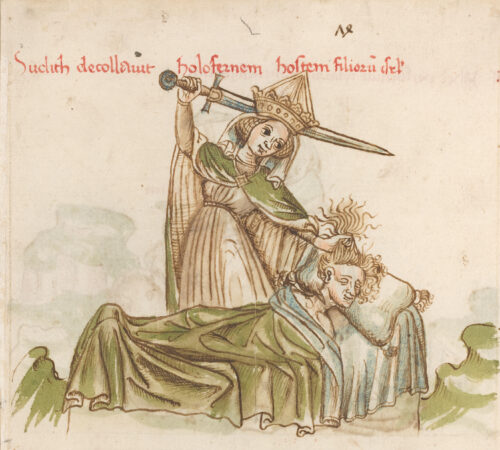 "Austrian 15th Century, Judith Killing Holofernes, c. 1460, pen and ink with watercolor on laid paper, overall: 15.6 x 18 cm (6 1/8 x 7 1/16 in.), Ailsa Mellon Bruce Fund and Funds given by an Anonymous Donor, 2004.120.1.a"