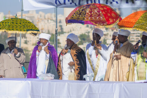 Kessim, religious leaders of the Ethiopian Jews, leads the Sigd prayer in Jerusalem, Israel Jerusalem, Israel - November 20, 2014: Kessim, religious leaders of the Ethiopian Jews, leads the Sigd pray in Jerusalem, Israel. The Sigd is an annual holiday of the Ethiopian Jews