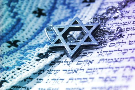 Kippa and Jewish star over Hebrew text