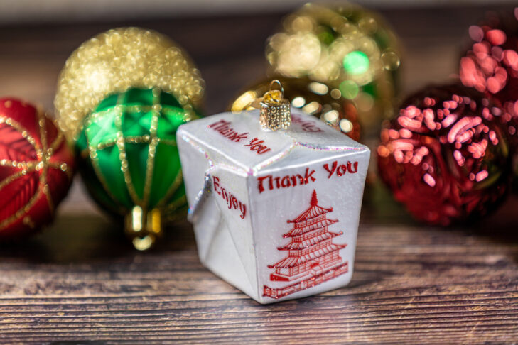Christmas ornaments with Chinese food take out