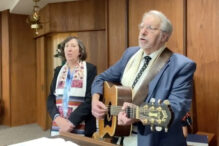 Rabbi Susan Abramson (left) and Cantorial Soloist Ben Silver of Temple Shalom Emeth in Burlington, Mass. lead a prerecorded Friday night service on Jan. 7, 2022. (Screenshot from YouTube)