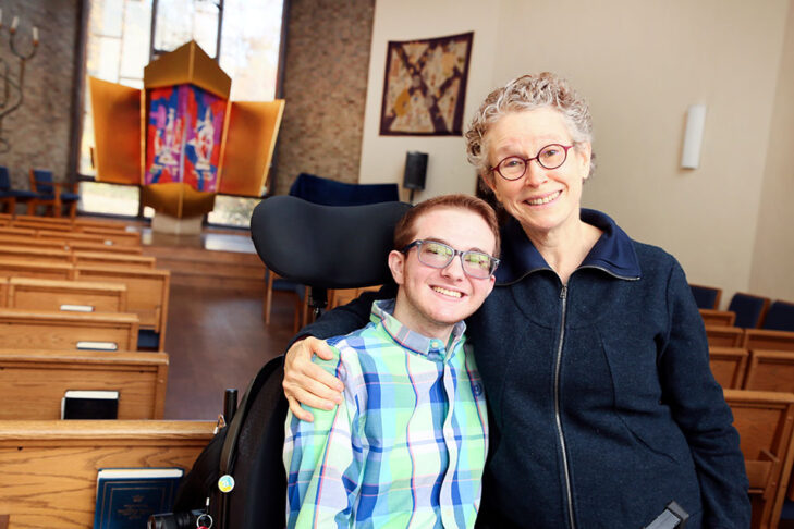 Rabbi Susan Harris, right, with patient Spencer Raifman in Berlin Chapel at Brandeis University (Photo: Brandeis University)