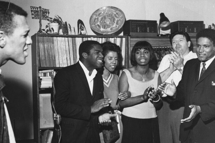 Ivanhoe Donaldson, Chuck McDew, Loraine Hansberry, Nina Simone, Theodor Bickel and James Forman in 1965 (Courtesy photo: Civil Rights Movement Archive)
