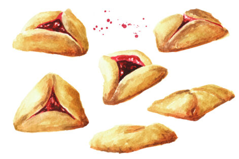 Traditional Jewish cookies Hamantaschen or hamans ears for Purim holiday set. Hand drawn watercolor illustration isolated on white background